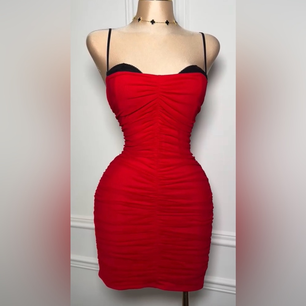 Sleek Red Ruched Midi Dress with Spaghetti Straps